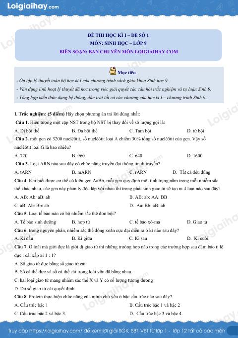 20 đề thi học kì 1 Sinh 9 có đáp án và lời giải chi tiết
